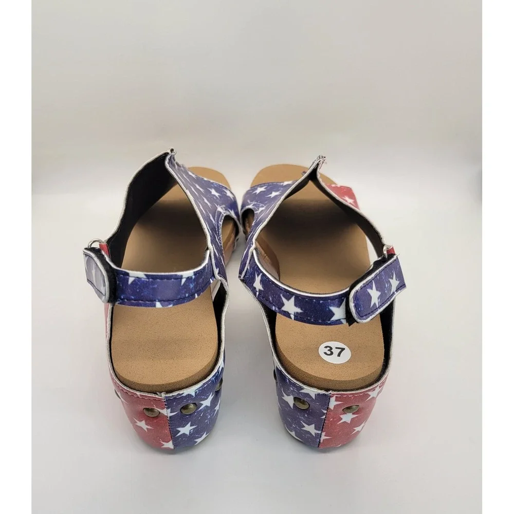 Women's American Flag Wedge Sandals EU 37 US 6 Patriotic Cork Platform Slingback